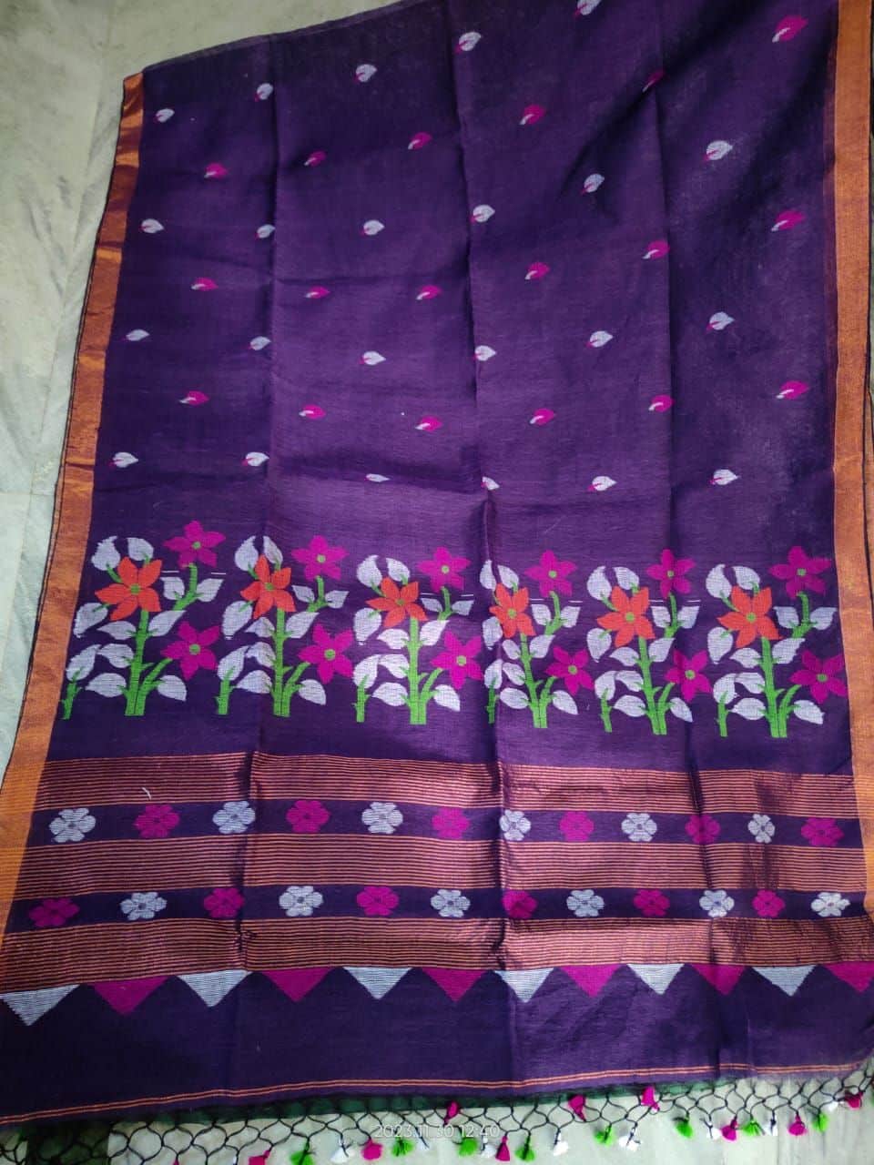 Mystic Purple Linen Handloom Jamdani Saree With Copper Tone Border1