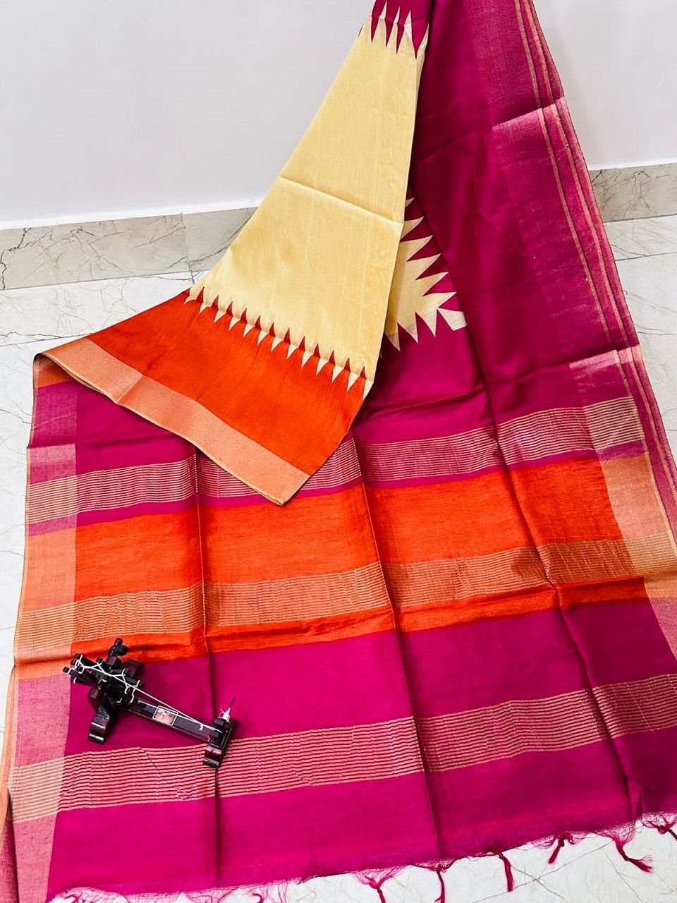 Pink Orange Yellow Temple Border Printed Katan Cotton Silk Saree