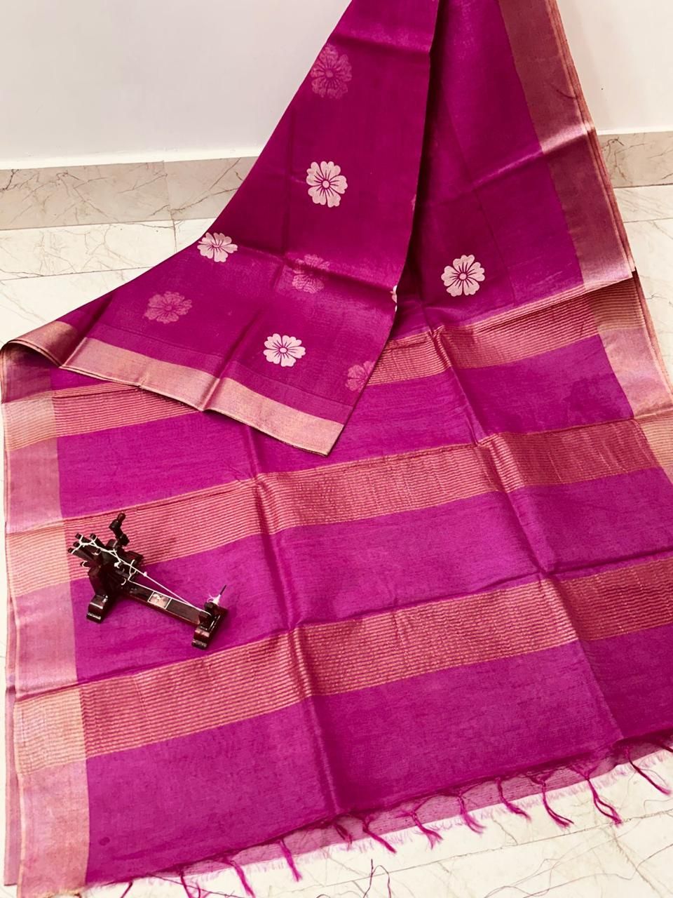 Pretty Pink Floral Printed Katan Cotton Silk Saree with Golden Border