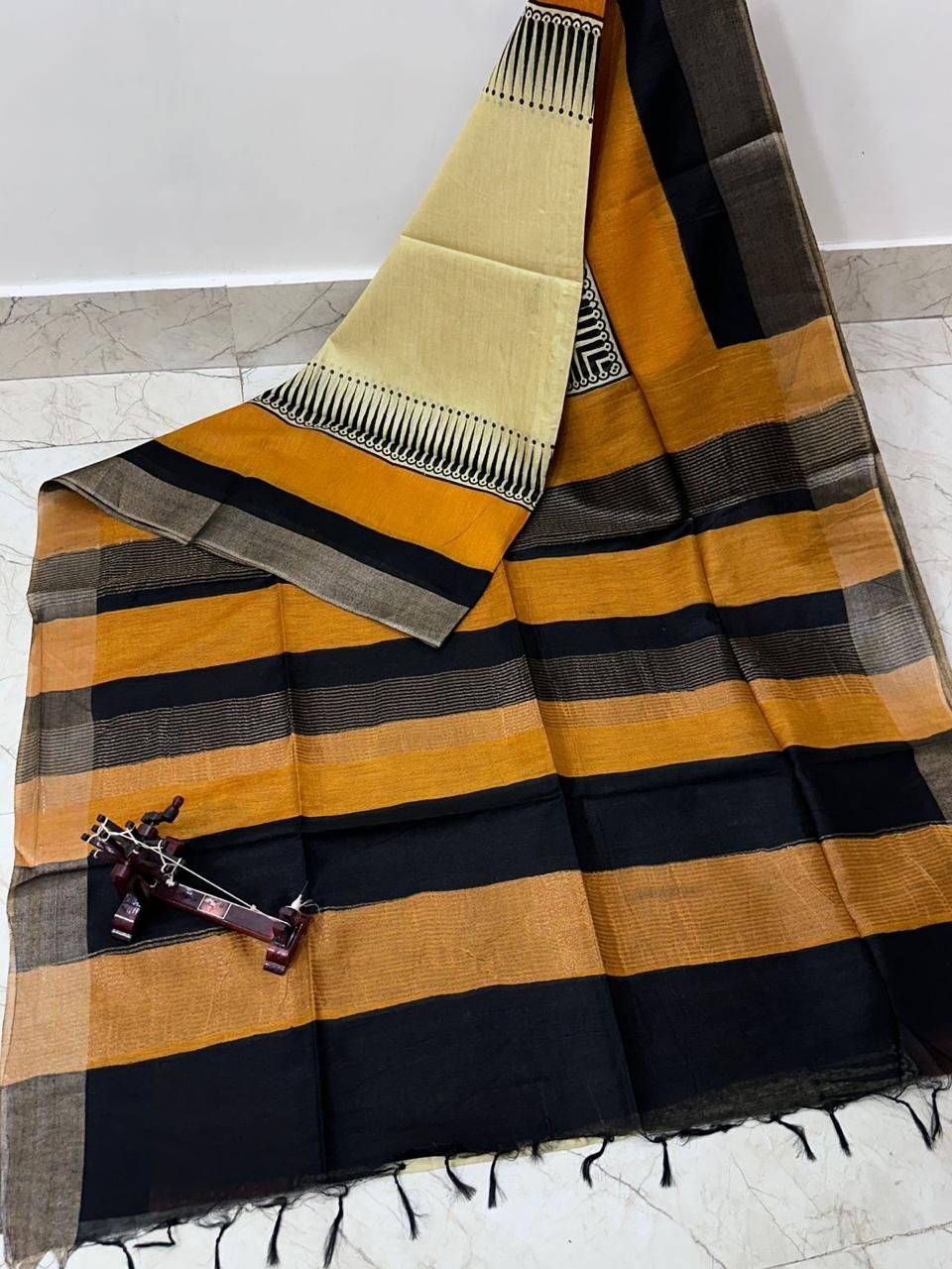 Pro Looking Yellow Black Printed Katan Cotton Silk Saree With Borders