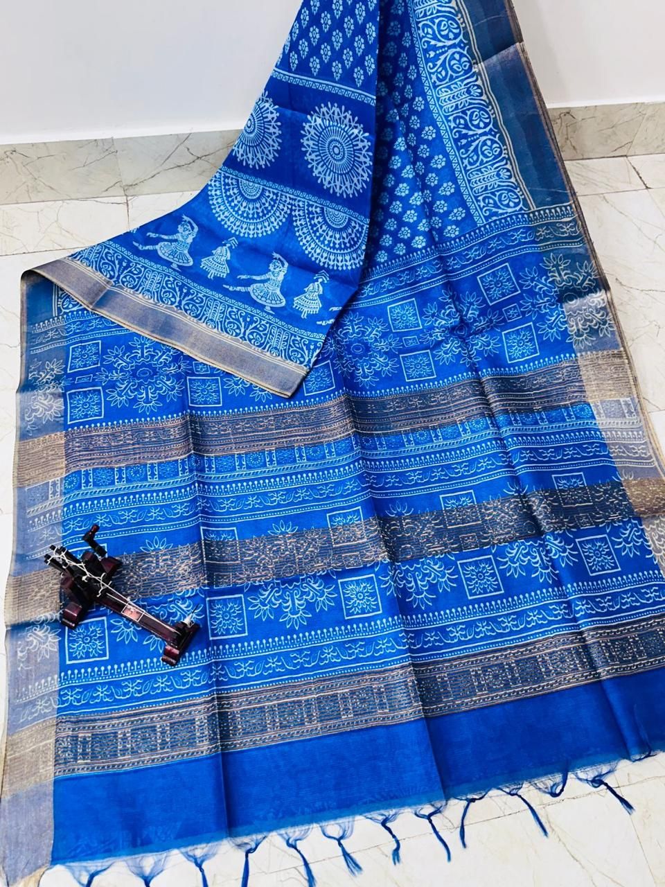 Royal Blue Batik Printed Katan Cotton Silk Saree With Borders