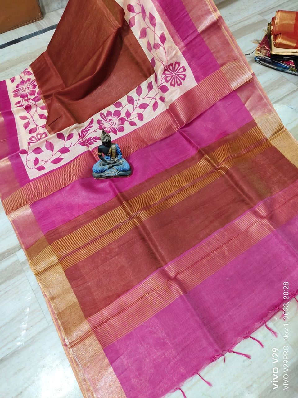 Simple Pink Brown Floral Printed Katan Cotton Silk Saree with Golden Border