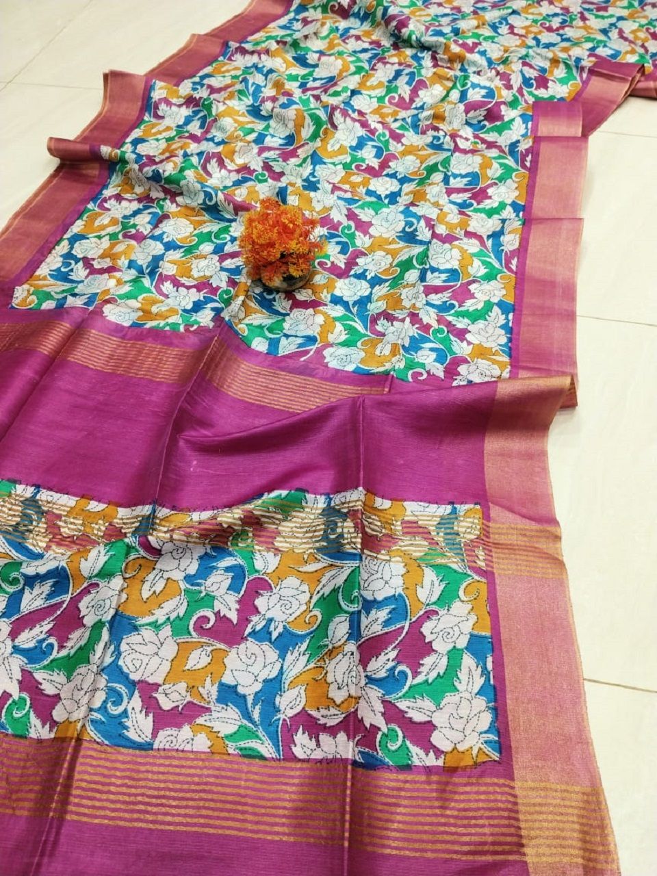 Splendid Pink Floral Leafy Printed Katan Cotton Silk Saree with Golden Border