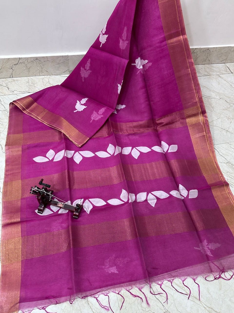 Strong Deep Pink Leaf Printed Katan Cotton Silk Saree with Golden Border