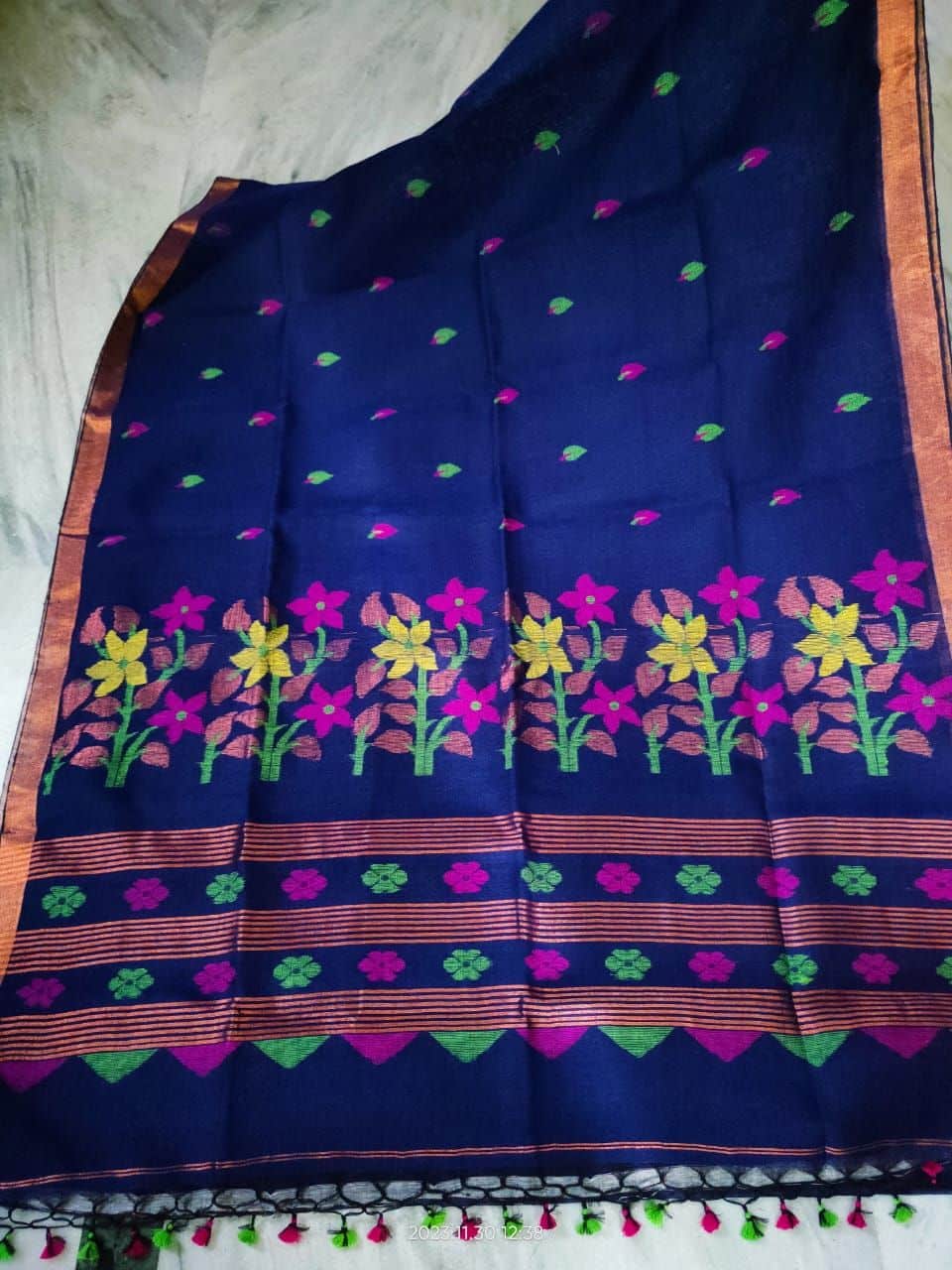 Virtuous Voilet Blue Linen Handloom Jamdani Saree With Copper Tone Border1