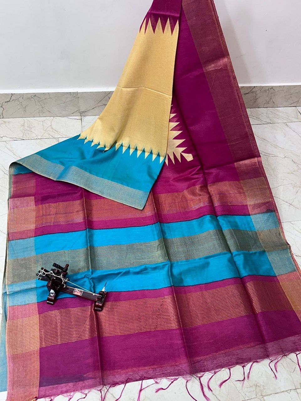 Wine Purple Yellow Blue Temple Border Printed Katan Cotton Silk Saree