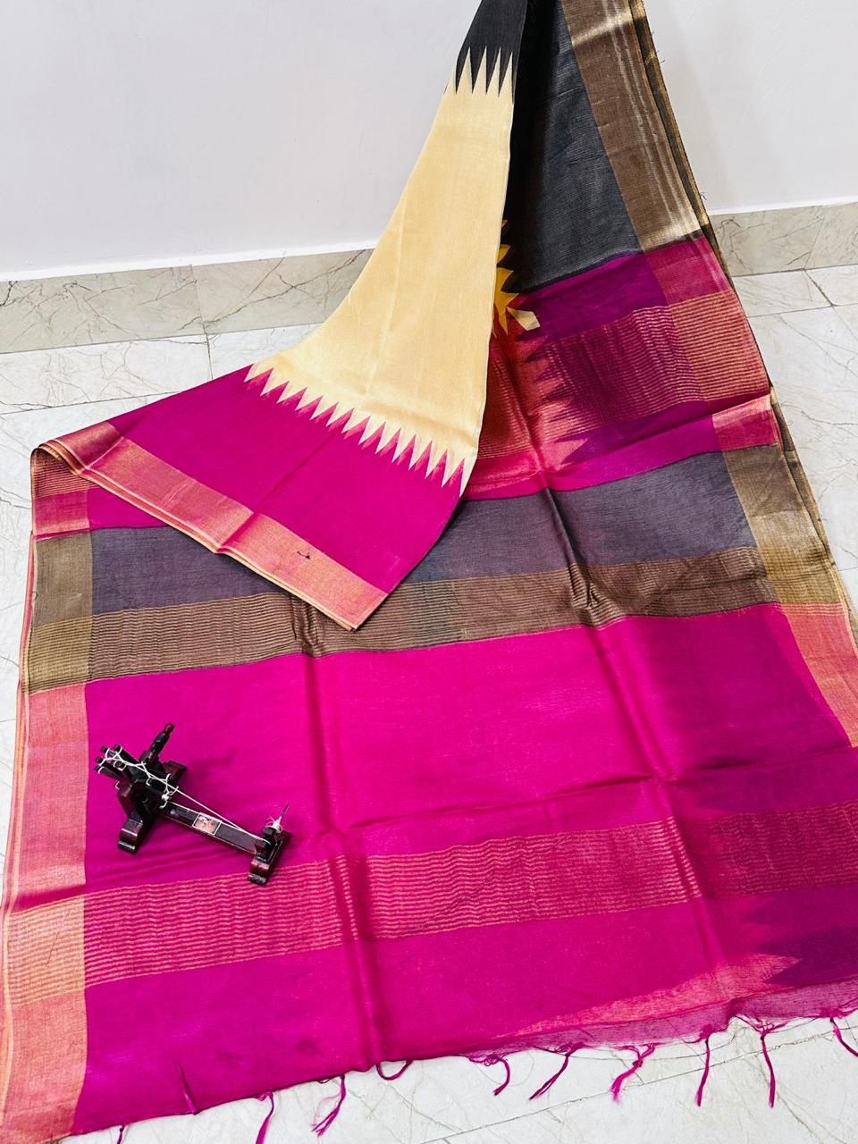 Yellow Black Pink Temple Border Printed Katan Cotton Silk Saree