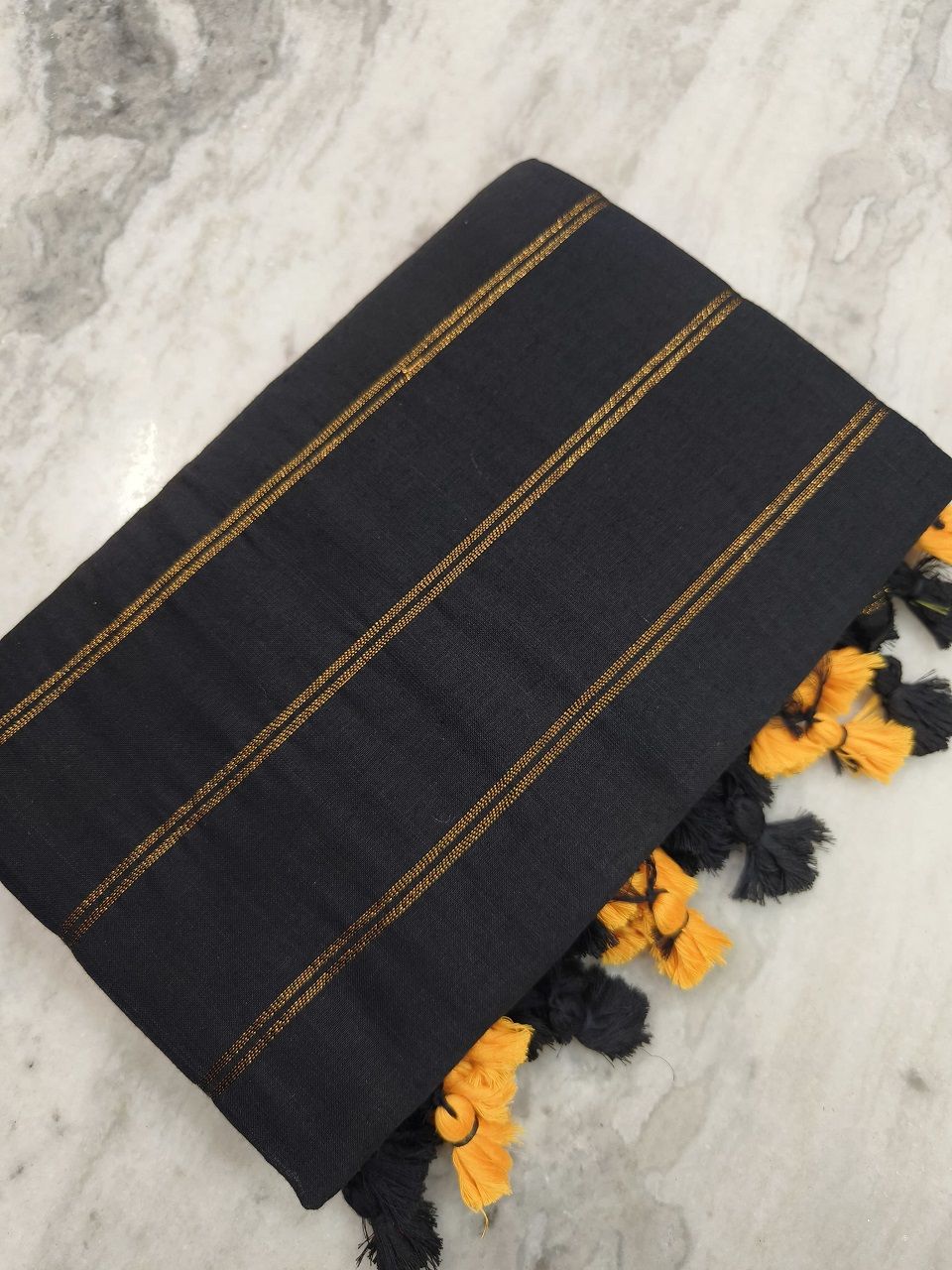 Black Pure Cotton Zari Stripe Comfy Soft Saree