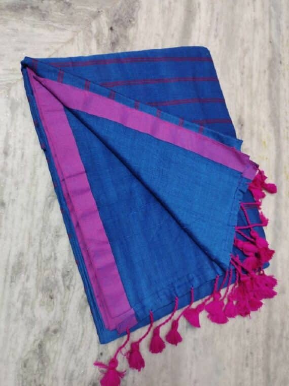 Blue Pink Dual Tone Pure Cotton Saree With Long Tassel