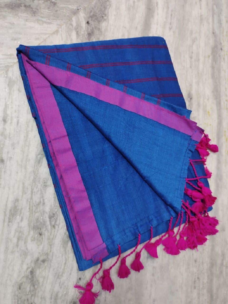 Blue Pink Dual Tone Pure Cotton Saree With Long Tassel