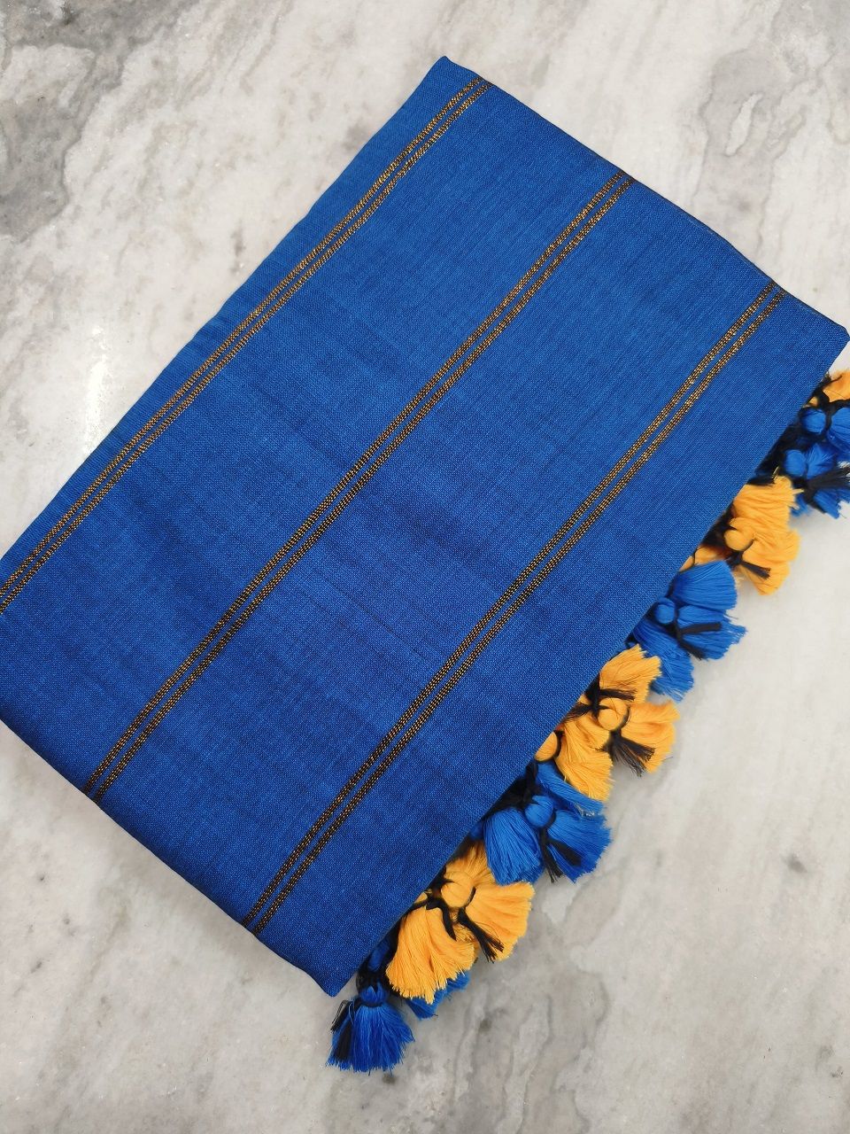 Blue Pure Cotton Zari Stripe Comfy Soft Saree