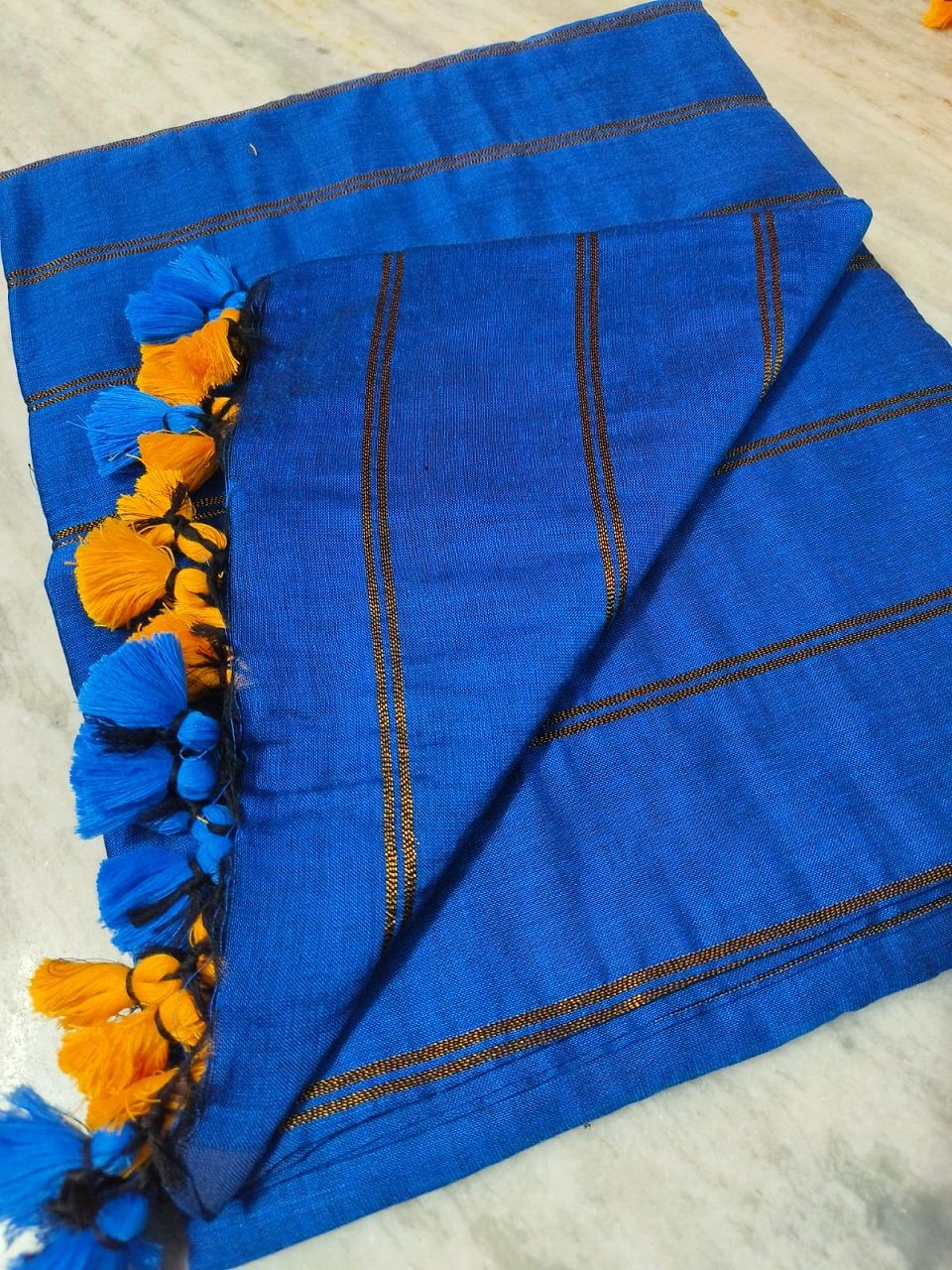 Blue Pure Cotton Zari Stripe Comfy Soft Saree1