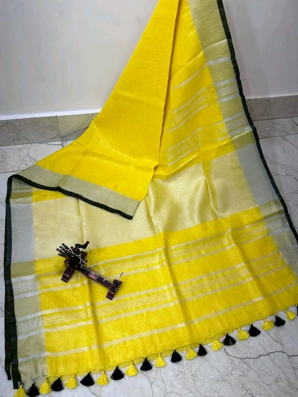 Bright Yellow Plain Linen Saree With Silver Black Border For All Occassions