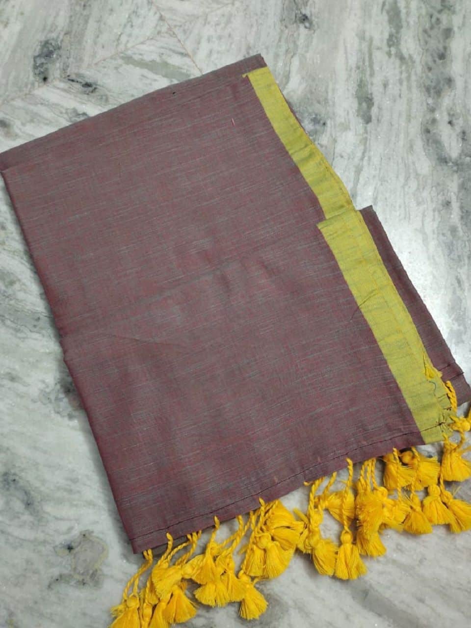 Brown Yellow Dual Tone Pure Cotton Saree With Long Tassel