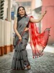 Comfy Soft Grey Cotton Ikkat Office Wear Formal Saree