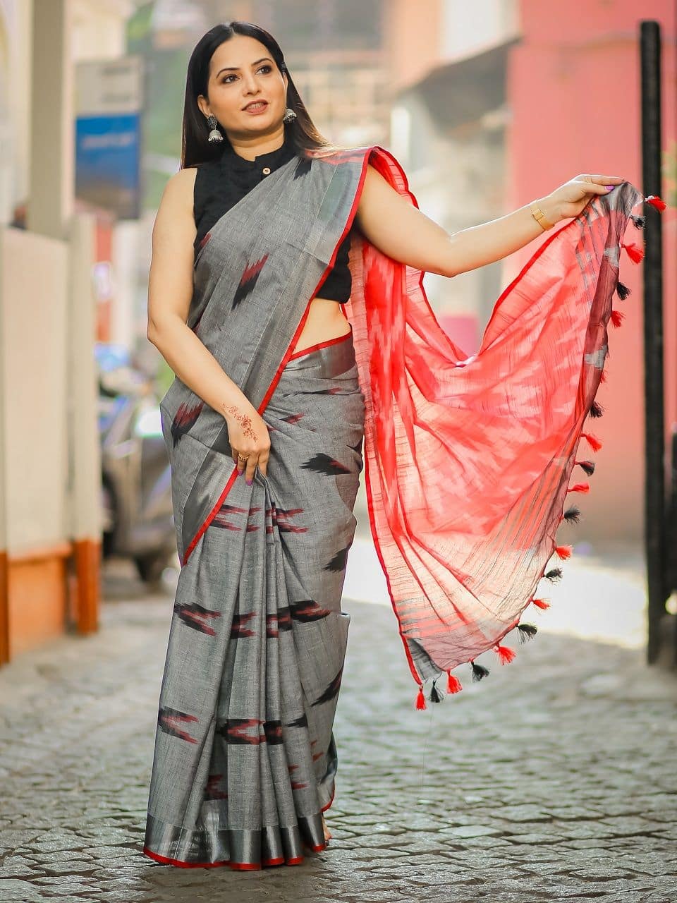 Comfy Soft Grey Cotton Ikkat Office Wear Formal Saree