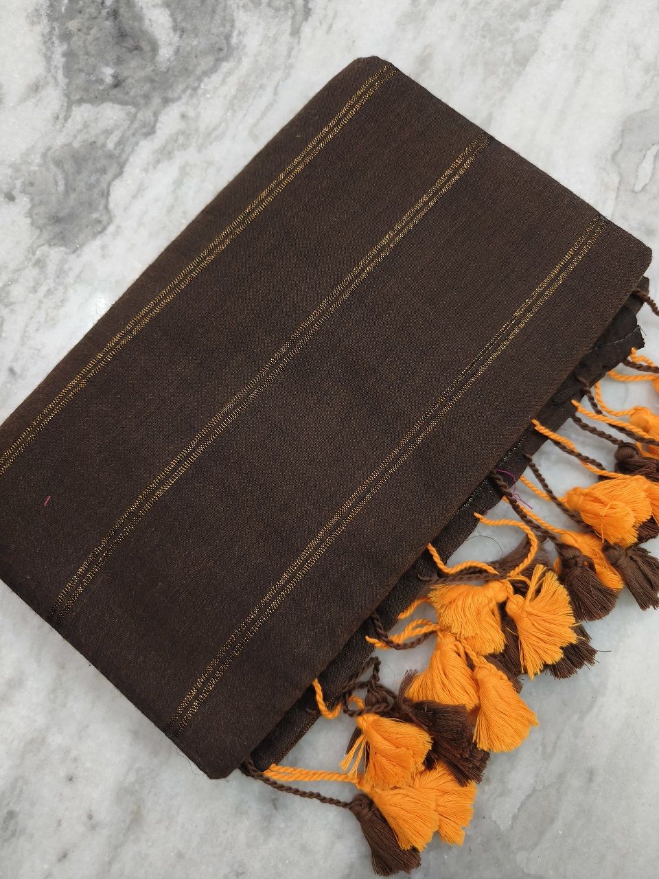 Dark Brown Pure Cotton Zari Stripe Comfy Soft Saree