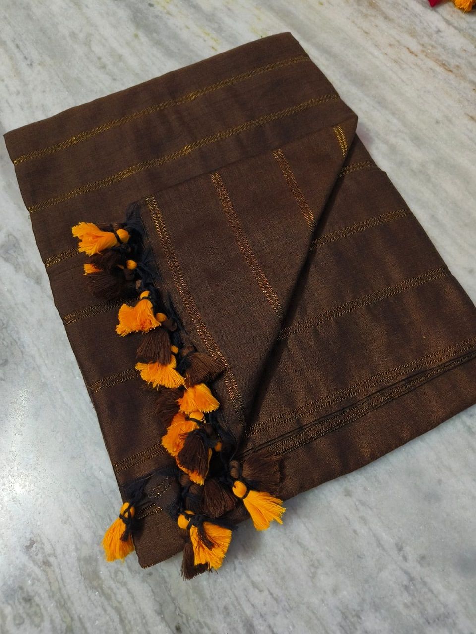 Dark Brown Pure Cotton Zari Stripe Comfy Soft Saree1