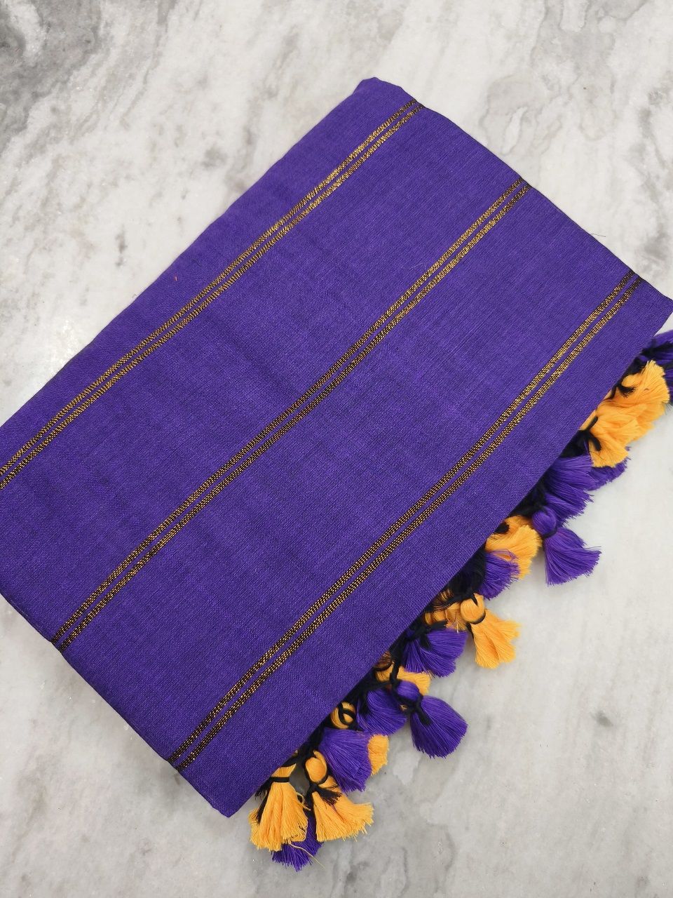 Dark Purple Pure Cotton Zari Stripe Comfy Soft Saree