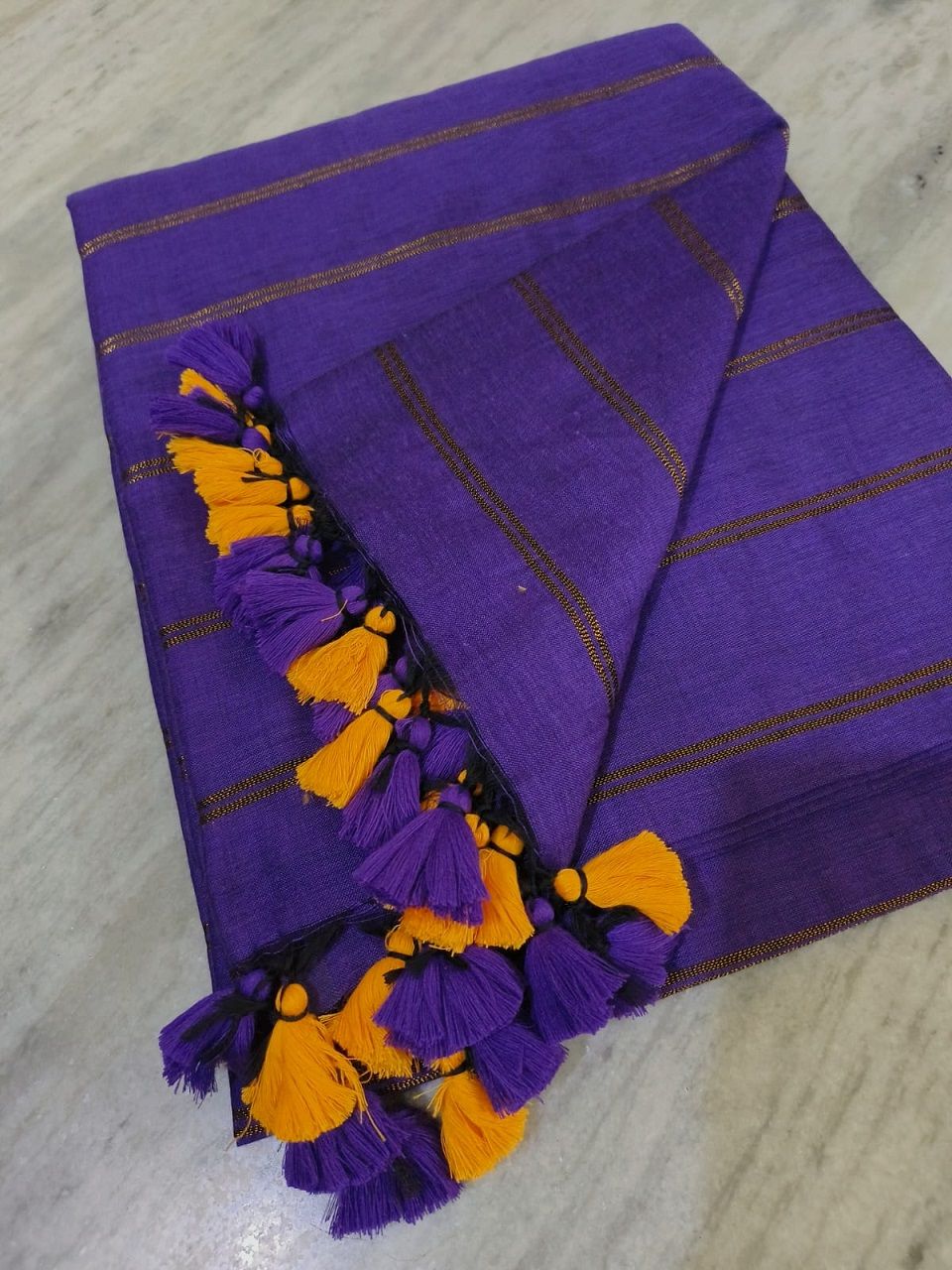 Dark Purple Pure Cotton Zari Stripe Comfy Soft Saree1