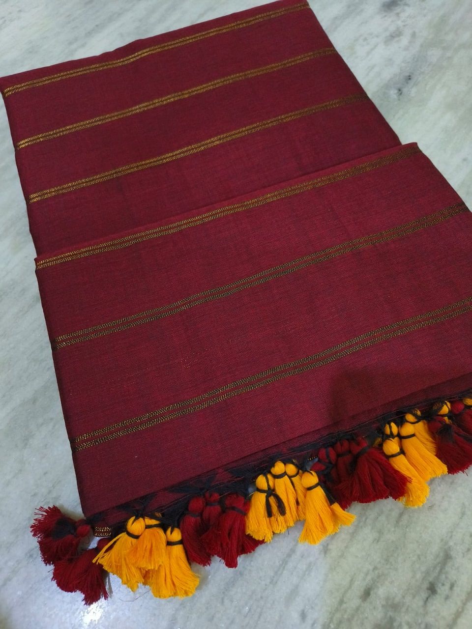 Deep Red Pure Cotton Zari Stripe Comfy Soft Saree