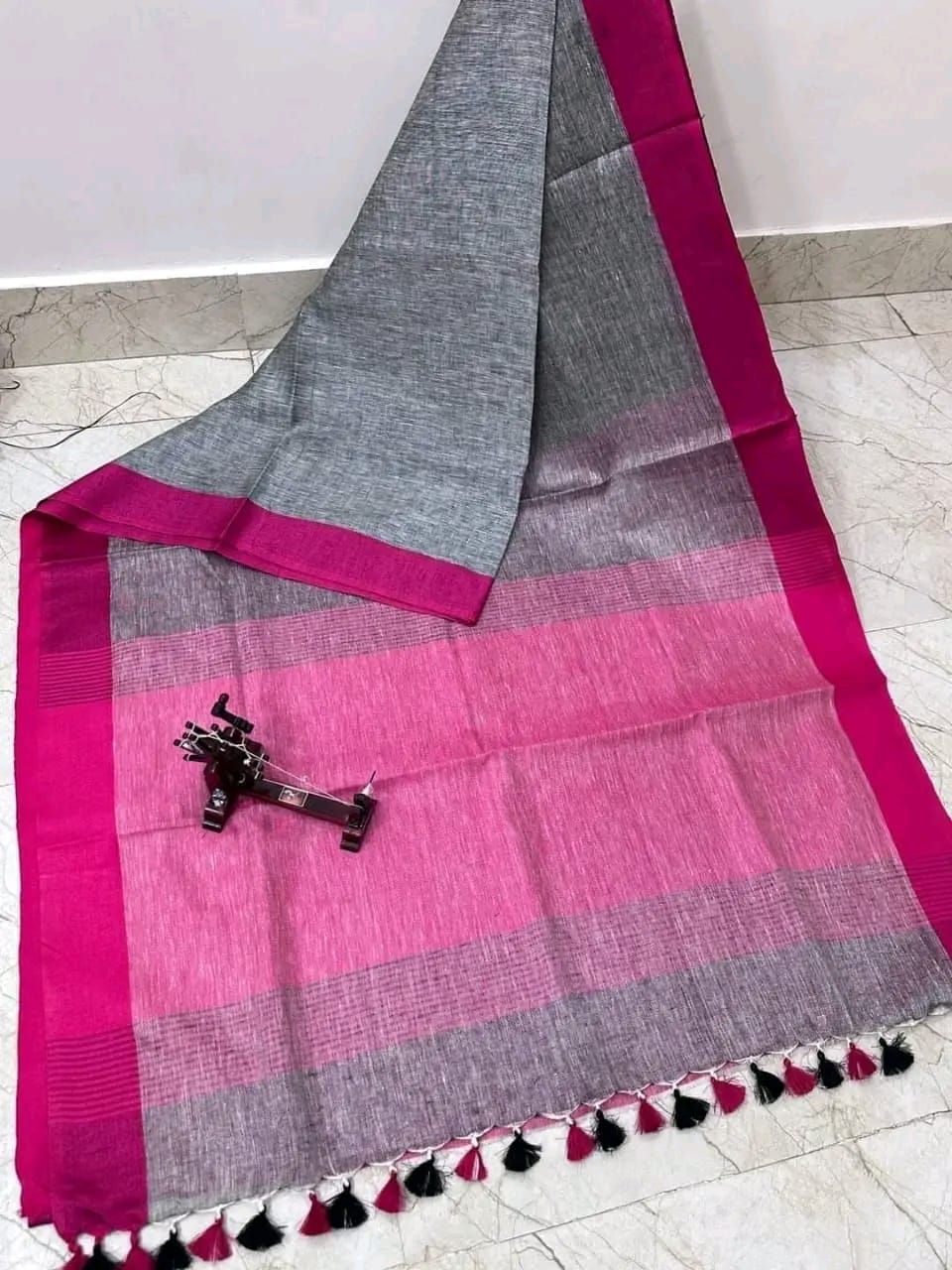 Gorgeous Grey Plain Linen Saree With Dark Pink Borders