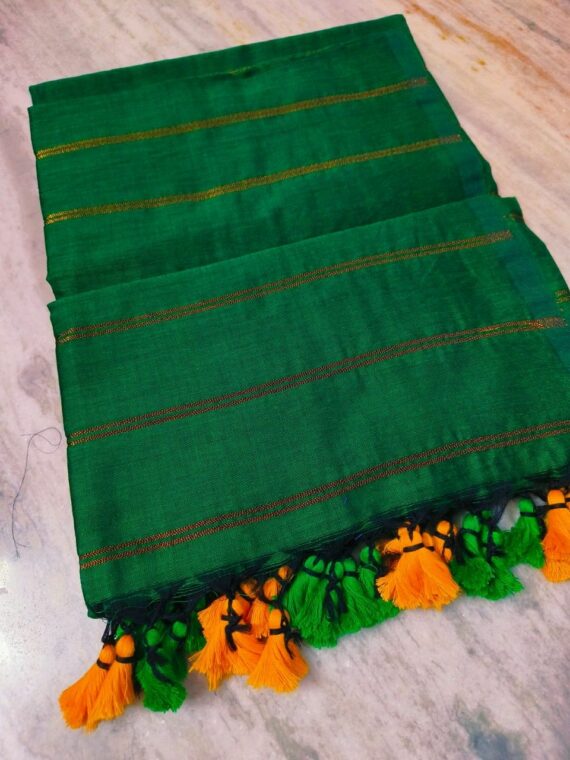 Green Pure Cotton Zari Stripe Comfy Soft Saree
