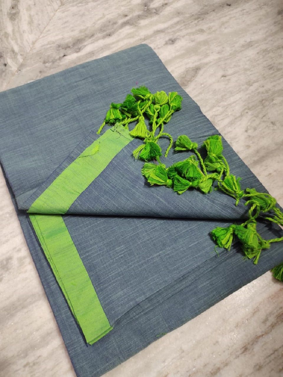 Grey Green Dual Tone Pure Cotton Saree With Long Tassel