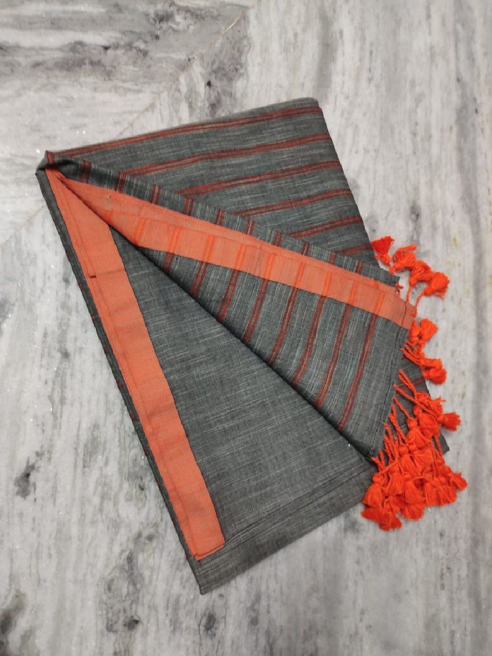 Grey Orange Dual Tone Pure Cotton Saree With Long Tassel