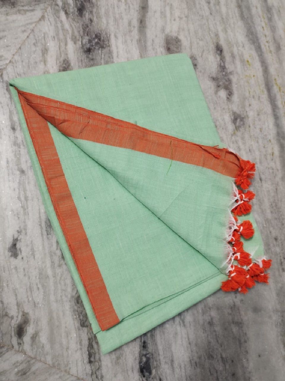 Light Green Orange Dual Tone Pure Cotton Saree With Long Tassel