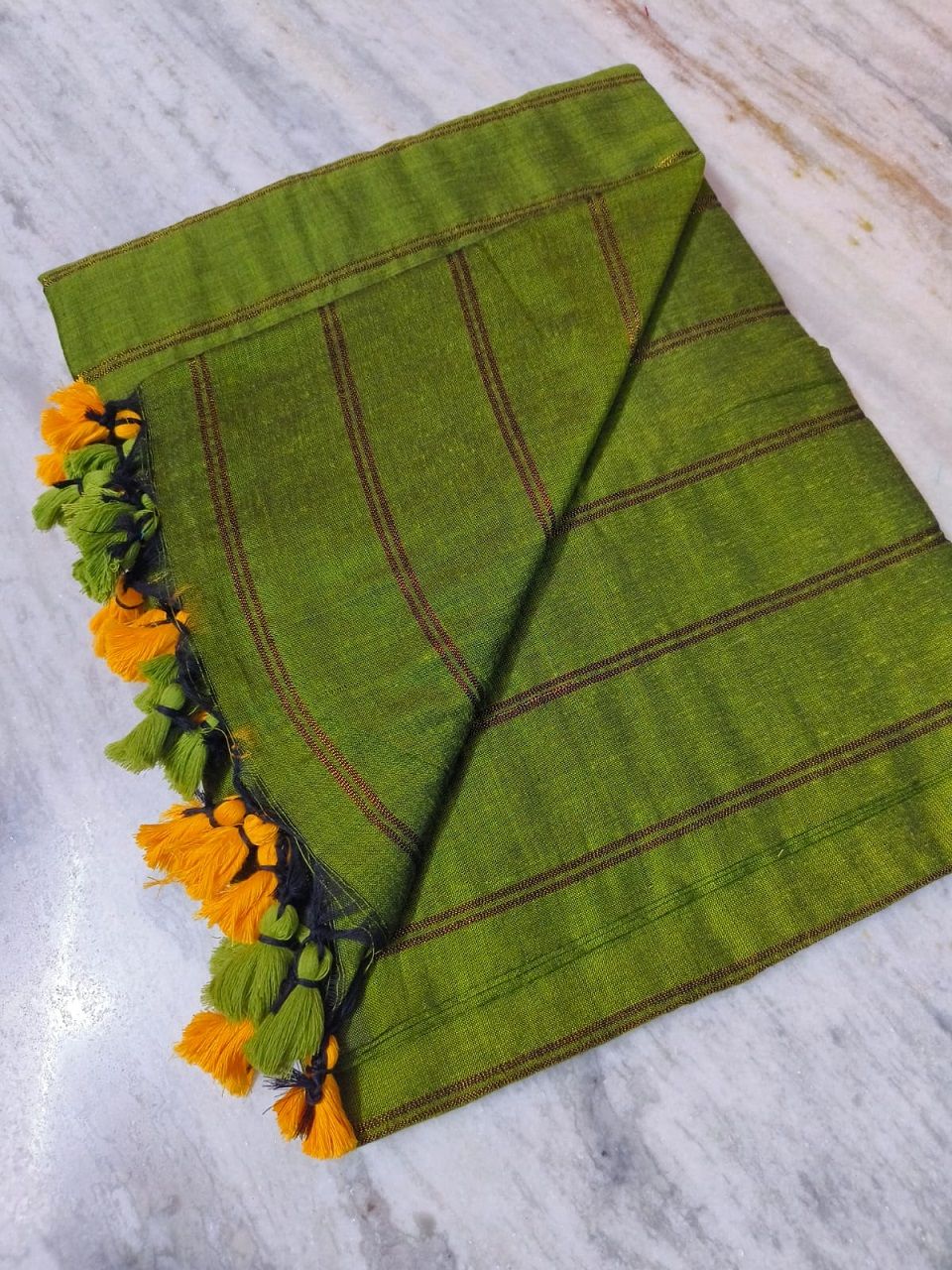 Mehendi Green Pure Cotton Zari Stripe Comfy Soft Saree1