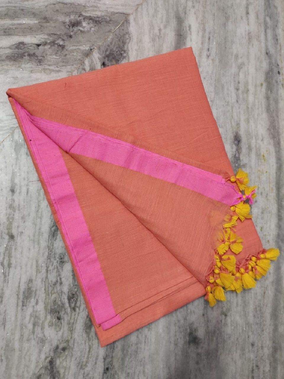Peach Pink Dual Tone Pure Cotton Saree With Long Tassel