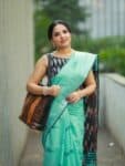 Perfect Smart Soothing Ocean Blue Cotton Ikkat Office Wear Formal Saree