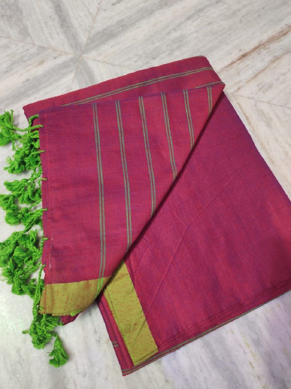 Pink Green Dual Tone Pure Cotton Saree With Long Tassel