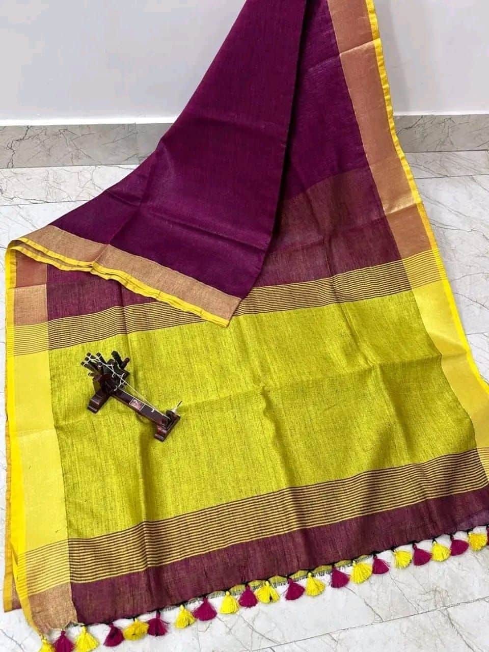 Pretty Purple Yellow Plain Linen Saree For All Occassion