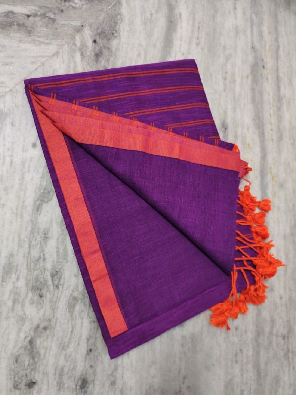 Purple Orange Dual Tone Pure Cotton Saree With Long Tassel