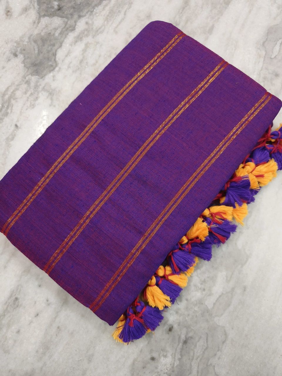 Purple Pure Cotton Zari Stripe Comfy Soft Saree