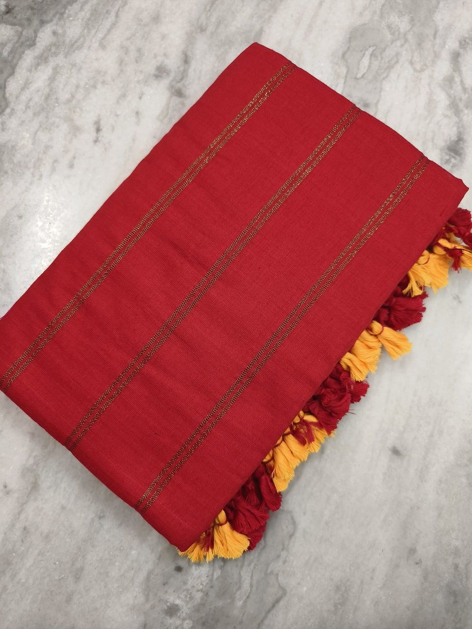 Red Pure Cotton Zari Stripe Comfy Soft Saree