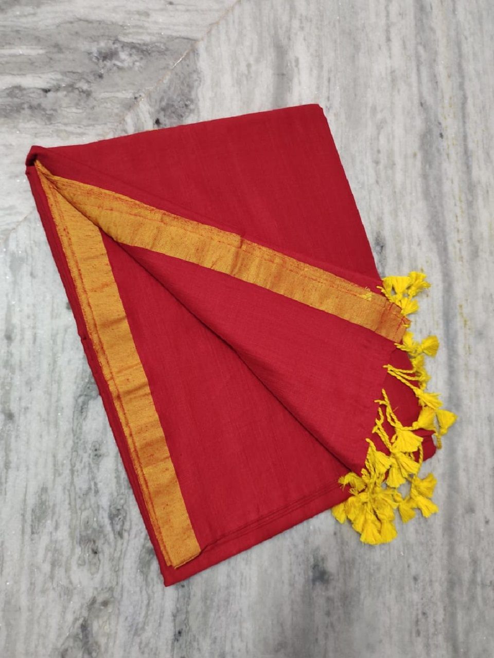 Red Yellow Dual Tone Pure Cotton Saree With Long Tassel