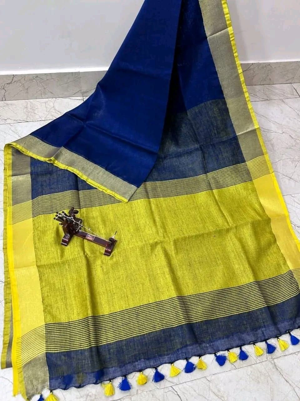 Strong Blue Yellow Plain Linen Saree For All Occassion