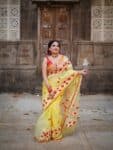 Awesome Yellow Pure Resham By Resham Muslin Thread Work Saree1