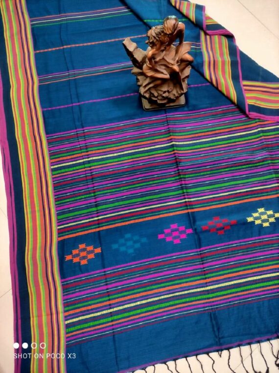 Blue Stripe Pattern Handwoven Pure Cotton Beautiful Saree