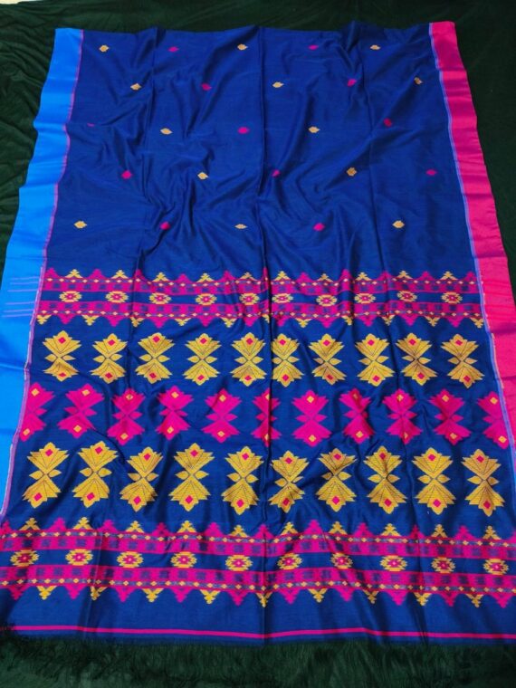 Dark Blue Pure Handloom Cotton Saree With Contrast Borders