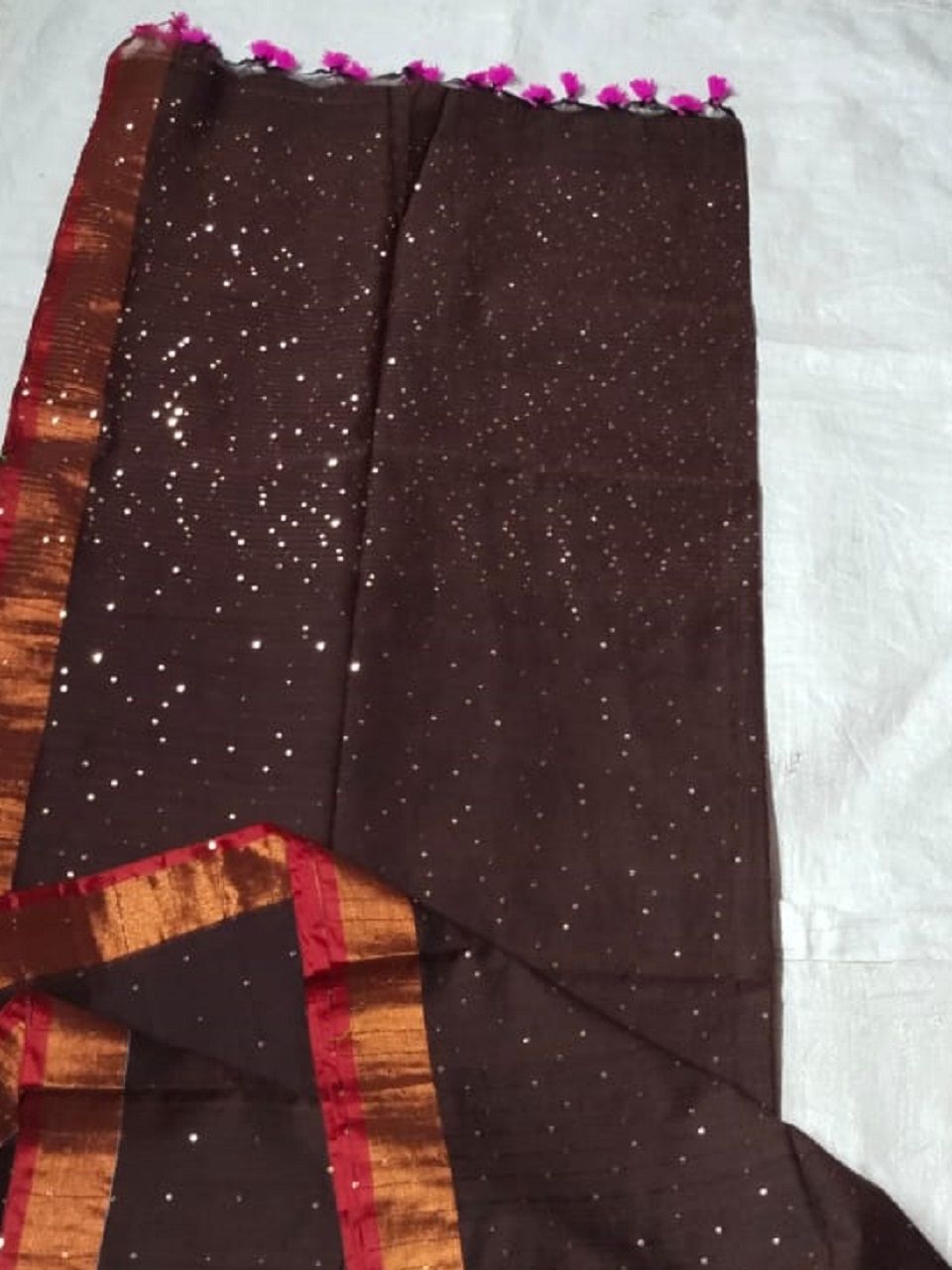 Dark Brown Allover Sequins Woven Party Wear Pure Cotton Saree