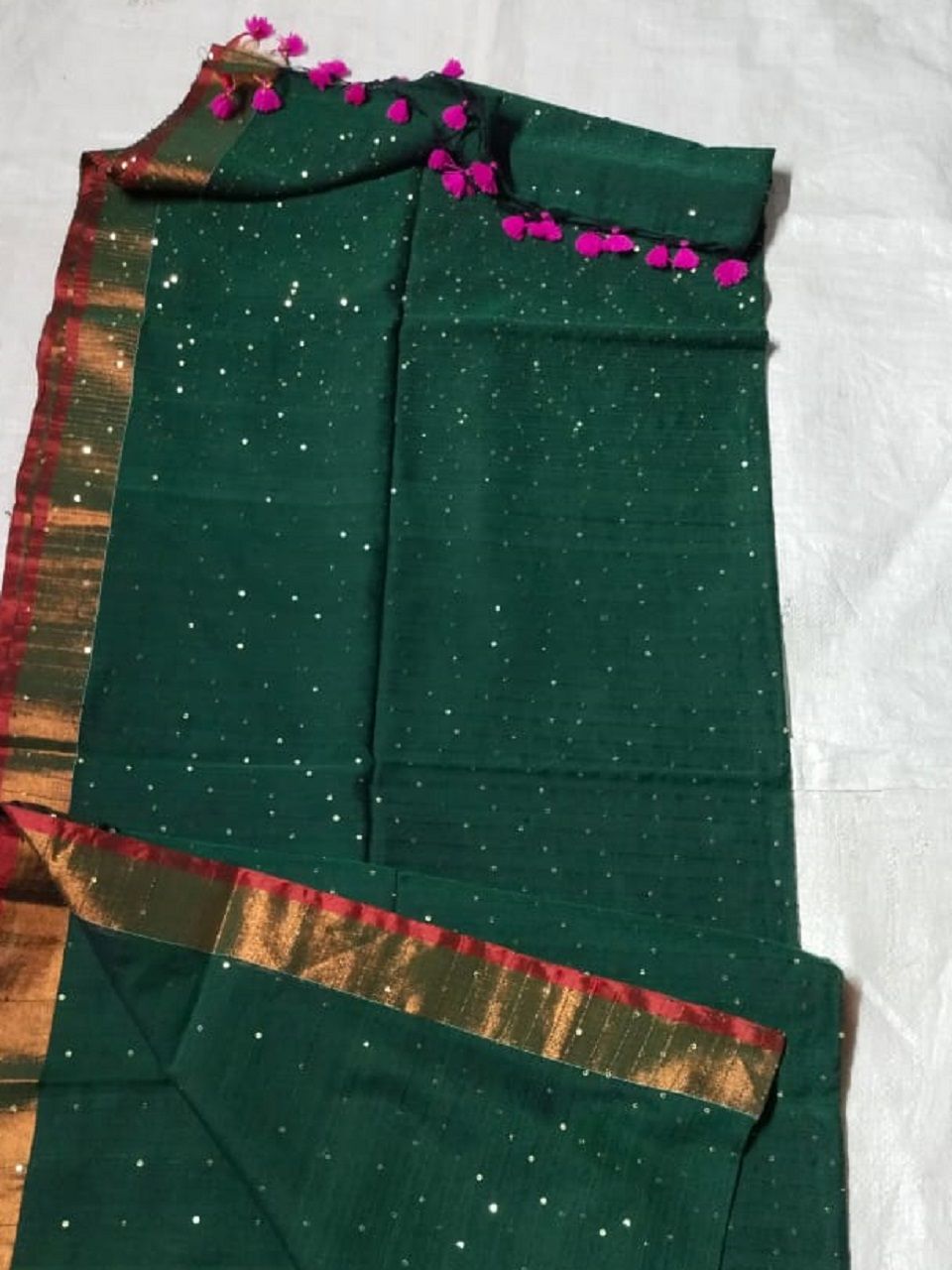 Dark Green Allover Sequins Woven Party Wear Pure Cotton Saree