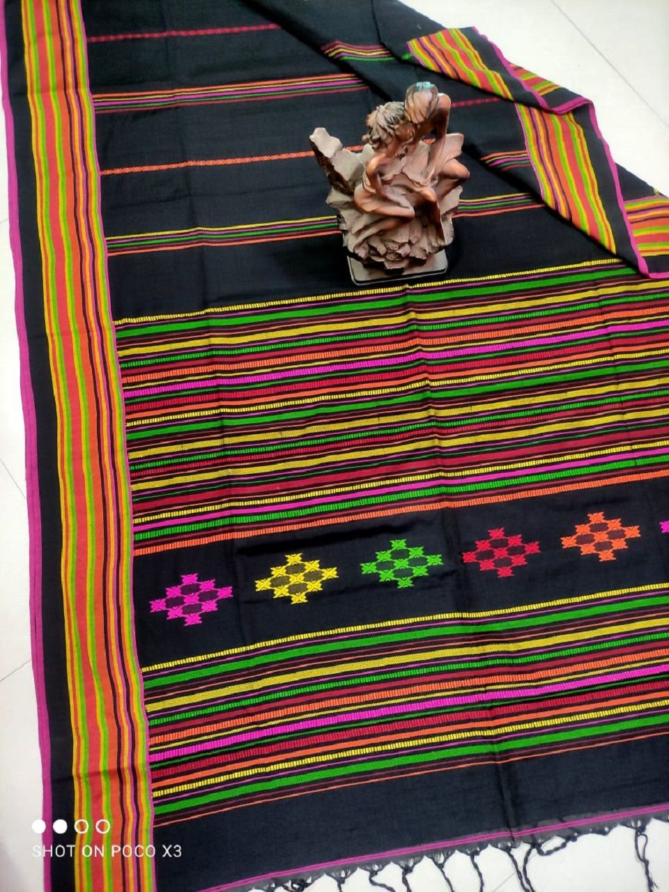 Deep Black Stripe Pattern Handwoven Pure Cotton Beautiful Saree