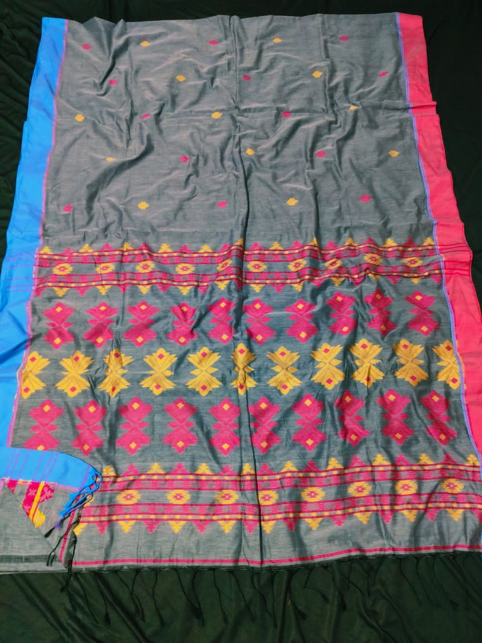 Grey Pure Handloom Cotton Saree With Contrast Borders