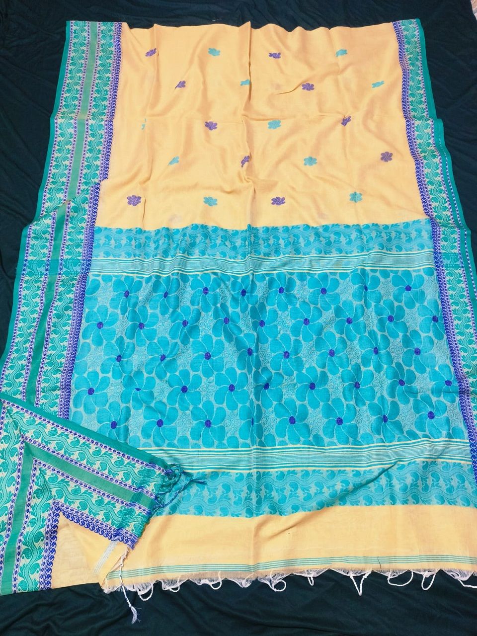 Mango Blue Pure Cotton Handwoven Soft Elegant Floral Design Saree