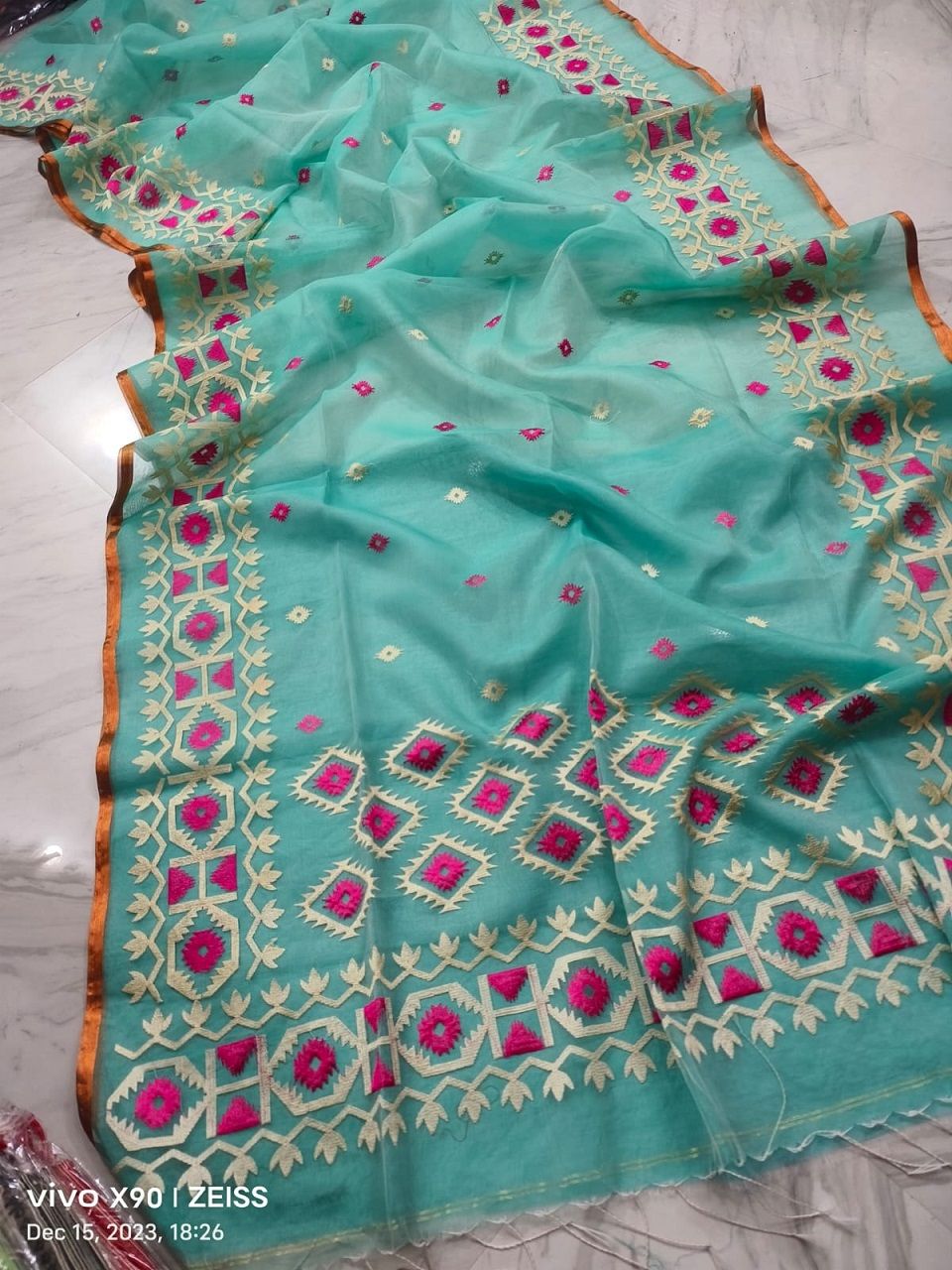 Ocean Blue Pure Resham By Resham Muslin Thread Work Saree