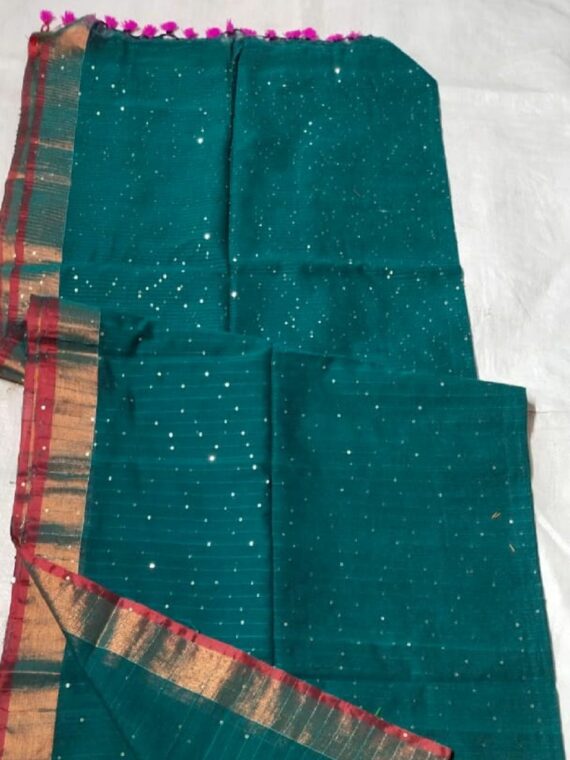 Peacock Blue Allover Sequins Woven Party Wear Pure Cotton Saree
